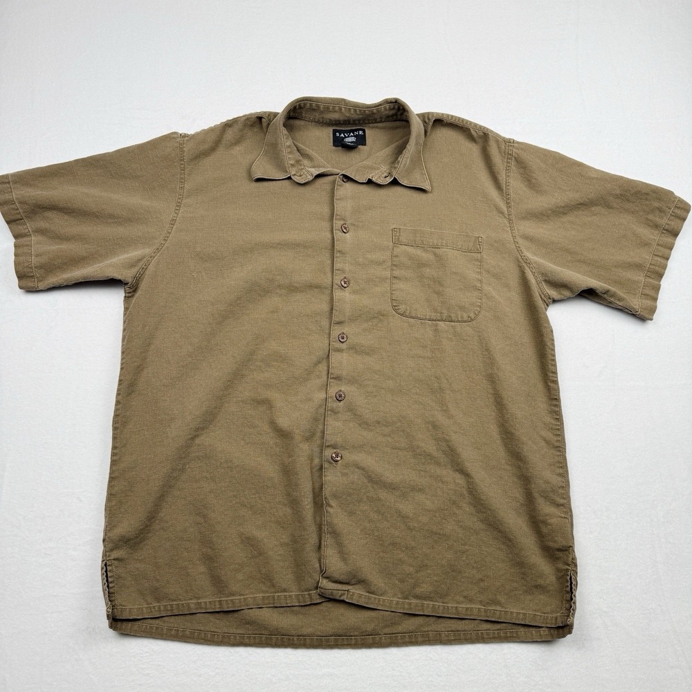 Savane Men's Linen Blend Short Sleeve Button Up Shirt Brown Size L